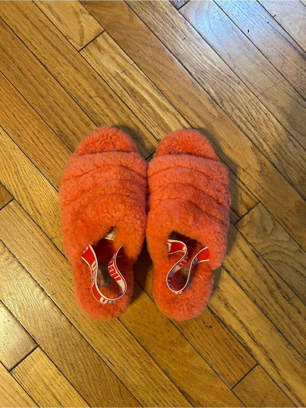 UGG Orange Plush Slide Slippers with Branded Heel Strap